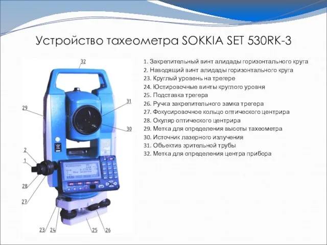 Устройство тахеометра SOKKIA SET 530RK-3 1. Закрепительный винт алидады горизонтального круга 2.
