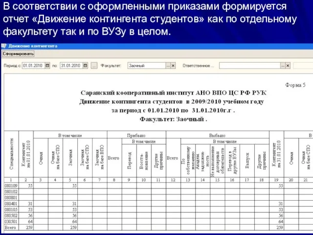 В соответствии с оформленными приказами формируется отчет «Движение контингента студентов» как по