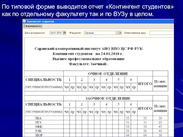 По типовой форме выводится отчет «Контингент студентов» как по отдельному факультету так