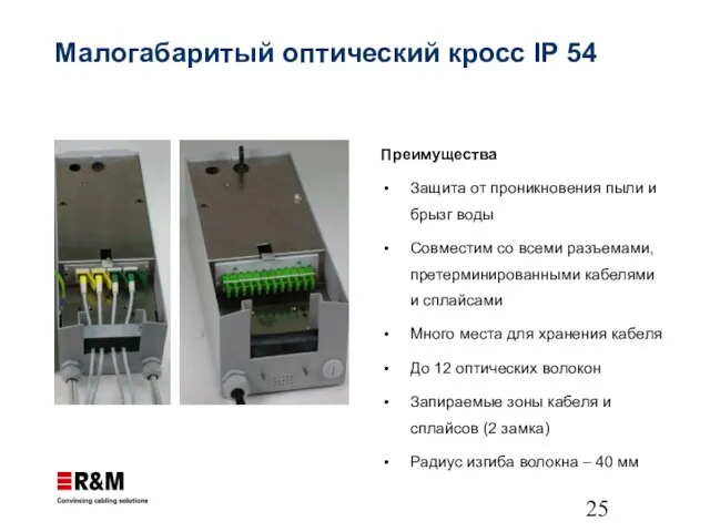 Малогабаритый оптический кросс IP 54 Преимущества Защита от проникновения пыли и брызг