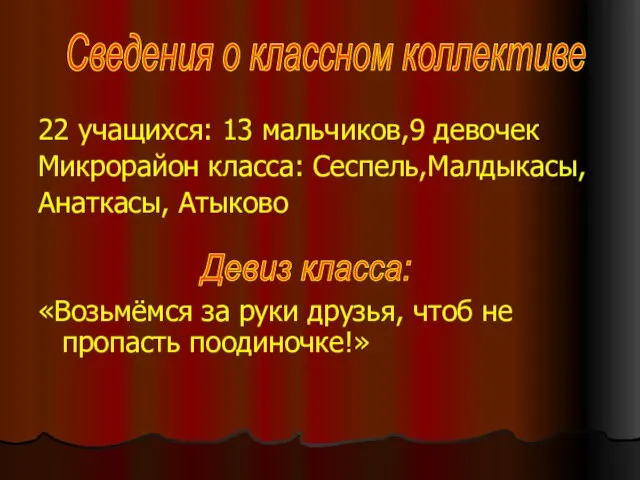 22 учащихся: 13 мальчиков,9 девочек Микрорайон класса: Сеспель,Малдыкасы, Анаткасы, Атыково «Возьмёмся за