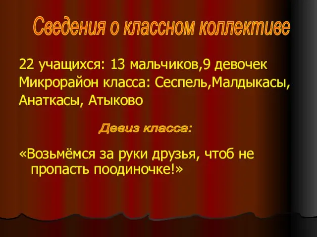 22 учащихся: 13 мальчиков,9 девочек Микрорайон класса: Сеспель,Малдыкасы, Анаткасы, Атыково «Возьмёмся за