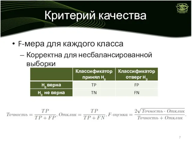 Критерий качества F-мера для каждого класса Корректна для несбалансированной выборки