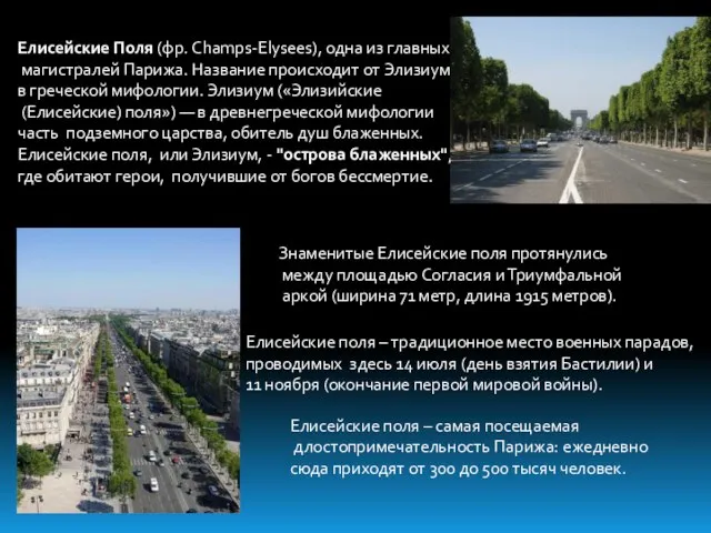 Елисейские Поля (фр. Champs-Elysees), одна из главных магистралей Парижа. Название происходит от