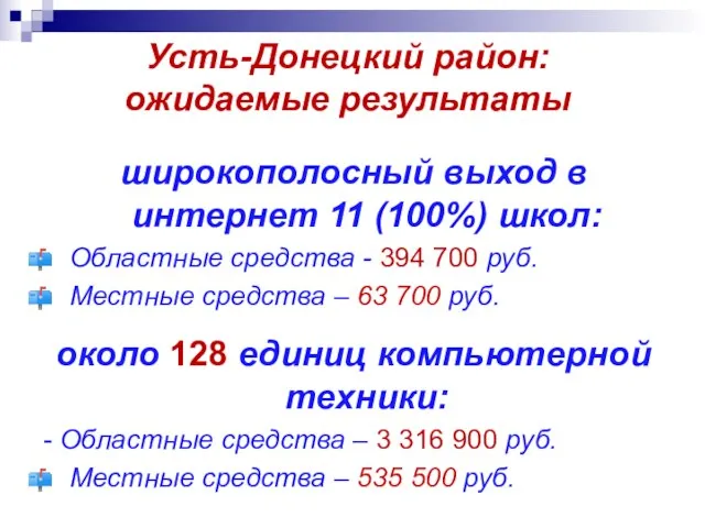 Усть-Донецкий район: ожидаемые результаты широкополосный выход в интернет 11 (100%) школ: Областные