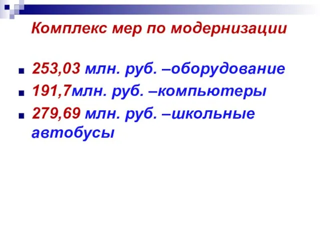 Комплекс мер по модернизации 253,03 млн. руб. –оборудование 191,7млн. руб. –компьютеры 279,69 млн. руб. –школьные автобусы