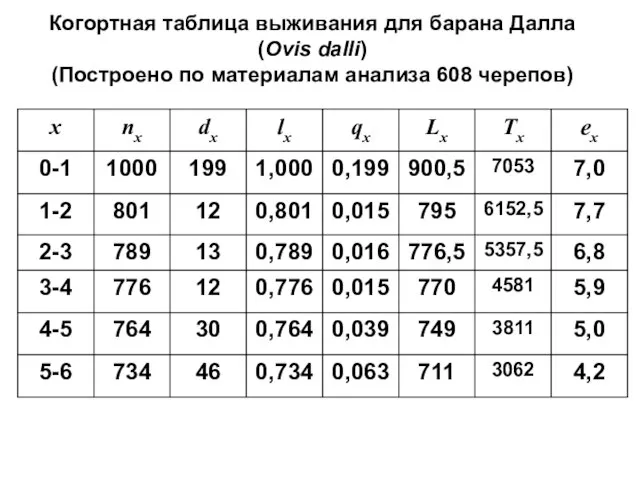 Когортная таблица выживания для барана Далла (Ovis dalli) (Построено по материалам анализа 608 черепов)