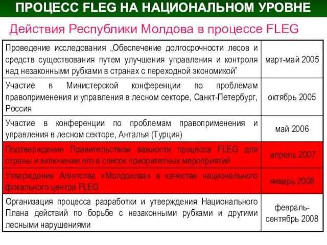 ПРОЦЕСС FLEG НА НАЦИОНАЛЬНОМ УРОВНЕ Действия Республики Молдова в процессе FLEG