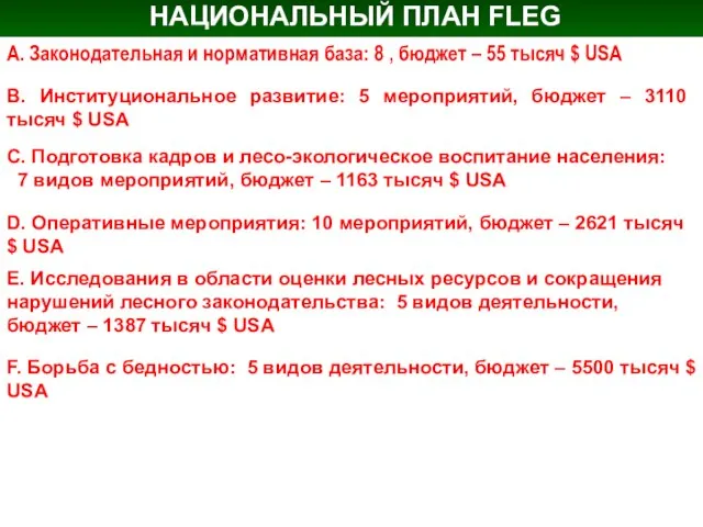 НАЦИОНАЛЬНЫЙ ПЛАН FLEG A. Законодательная и нормативная база: 8 , бюджет –