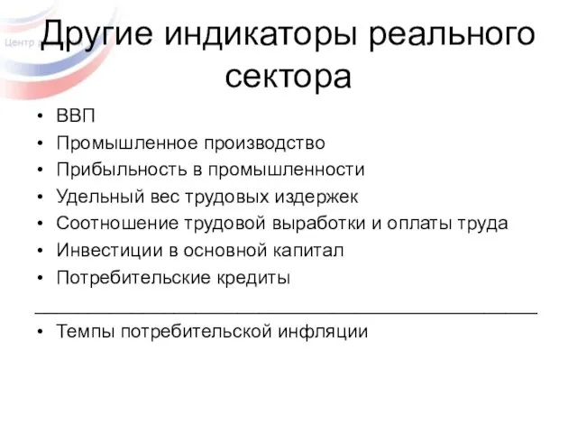 Другие индикаторы реального сектора ВВП Промышленное производство Прибыльность в промышленности Удельный вес