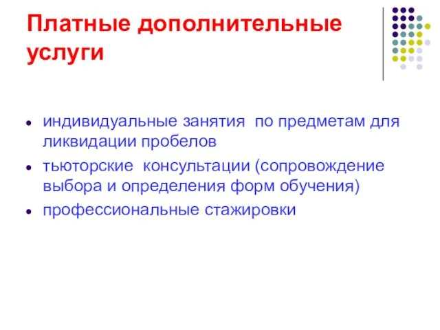 Платные дополнительные услуги индивидуальные занятия по предметам для ликвидации пробелов тьюторские консультации