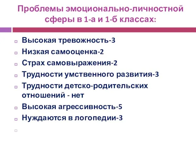 Проблемы эмоционально-личностной сферы в 1-а и 1-б классах: Высокая тревожность-3 Низкая самооценка-2