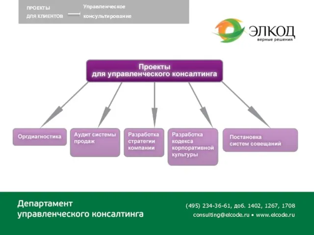 (495) 234-36-61, доб. 1402, 1267, 1708 consulting@elcode.ru • www.elcode.ru ПРОЕКТЫ ДЛЯ КЛИЕНТОВ Управленческое консультирование