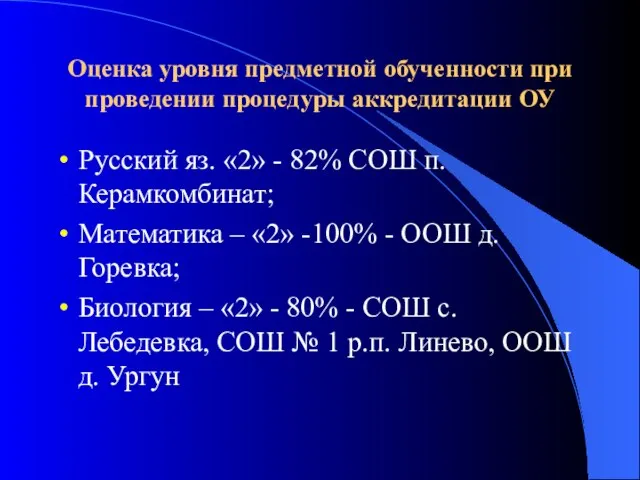 Оценка уровня предметной обученности при проведении процедуры аккредитации ОУ Русский яз. «2»
