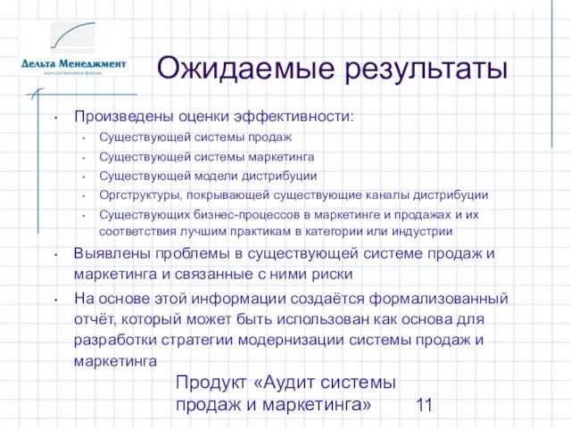 Продукт «Аудит системы продаж и маркетинга» Ожидаемые результаты Произведены оценки эффективности: Существующей