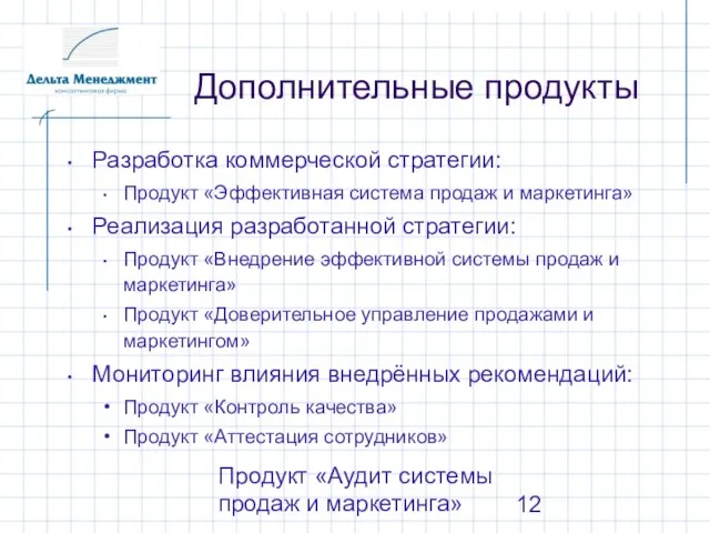 Продукт «Аудит системы продаж и маркетинга» Дополнительные продукты Разработка коммерческой стратегии: Продукт