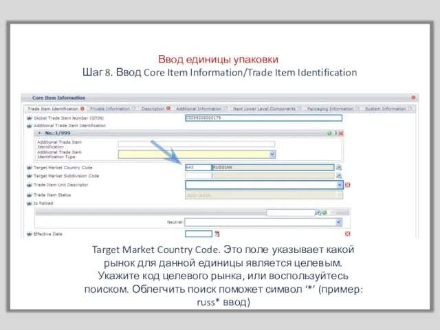 Ввод единицы упаковки Шаг 8. Ввод Core Item Information/Trade Item Identification Target