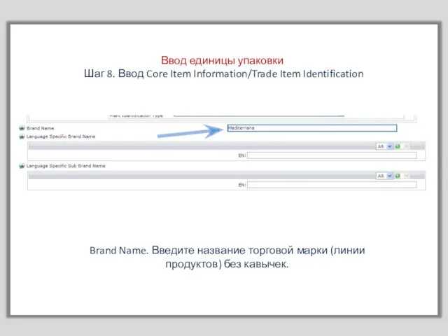Ввод единицы упаковки Шаг 8. Ввод Core Item Information/Trade Item Identification Brand