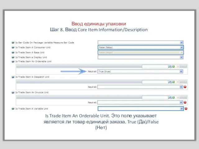 Ввод единицы упаковки Шаг 8. Ввод Core Item Information/Description Is Trade Item