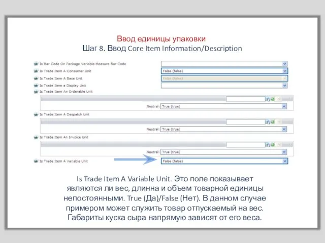 Ввод единицы упаковки Шаг 8. Ввод Core Item Information/Description Is Trade Item
