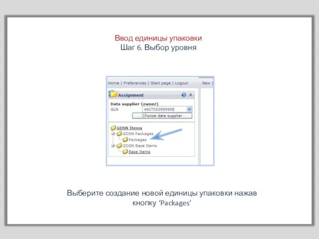 Ввод единицы упаковки Шаг 6. Выбор уровня Выберите создание новой единицы упаковки нажав кнопку ‘Packages’