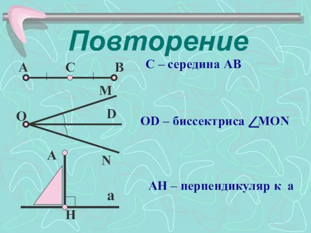 Повторение С – середина АВ AH – перпендикуляр к а