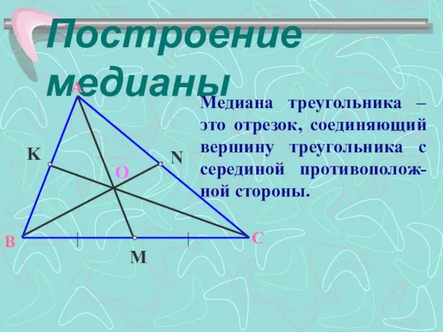 Построение медианы O Медиана треугольника – это отрезок, соединяющий вершину треугольника с серединой противополож-ной стороны.