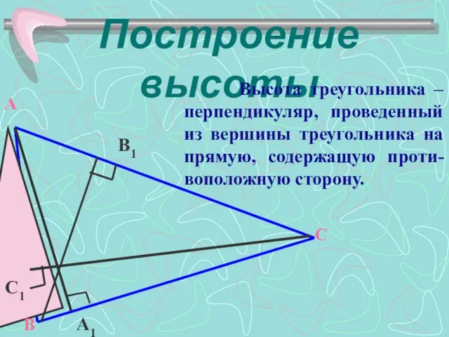 Построение высоты Высота треугольника – перпендикуляр, проведенный из вершины треугольника на прямую,