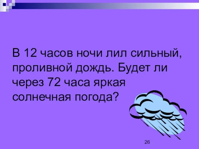 В 12 часов ночи лил сильный, проливной дождь. Будет ли через 72 часа яркая солнечная погода?