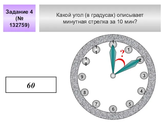 Какой угол (в градусах) описывает минутная стрелка за 10 мин? Задание 4