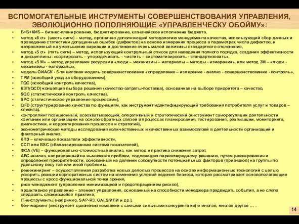 ВСПОМОГАТЕЛЬНЫЕ ИНСТРУМЕНТЫ СОВЕРШЕНСТВОВАНИЯ УПРАВЛЕНИЯ, ЭВОЛЮЦИОННО ПОПОЛНЯЮЩИЕ «УПРАВЛЕНЧЕСКУ ОБОЙМУ»: Б+Б+КИБ – бизнес-планирование, бюджетирование,