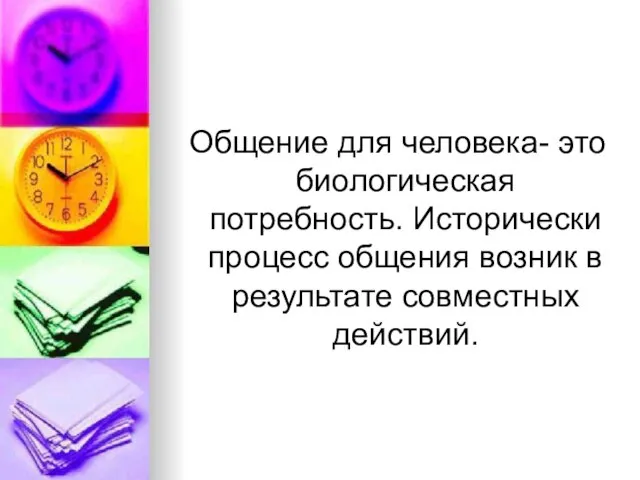 Общение для человека- это биологическая потребность. Исторически процесс общения возник в результате совместных действий.