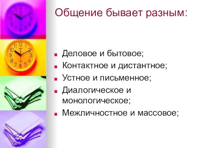 Общение бывает разным: Деловое и бытовое; Контактное и дистантное; Устное и письменное;