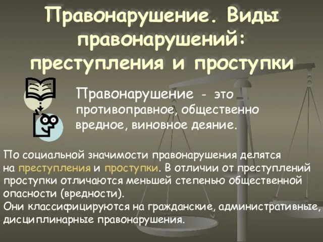 Правонарушение. Виды правонарушений: преступления и проступки Правонарушение - это противоправное, общественно вредное,