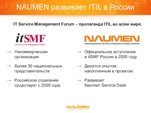 NAUMEN развивает ITIL в России IT Service Management Forum – пропаганда ITIL