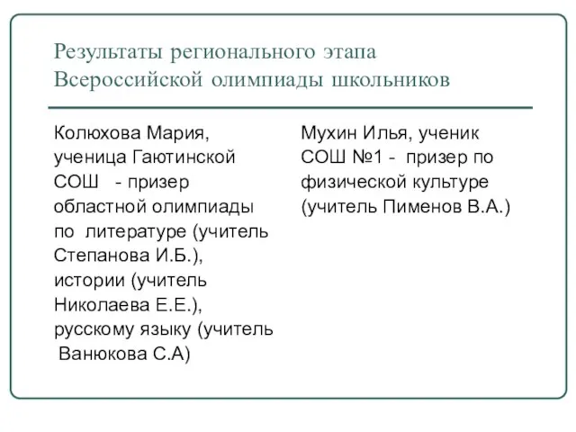 Результаты регионального этапа Всероссийской олимпиады школьников Колюхова Мария, ученица Гаютинской СОШ -