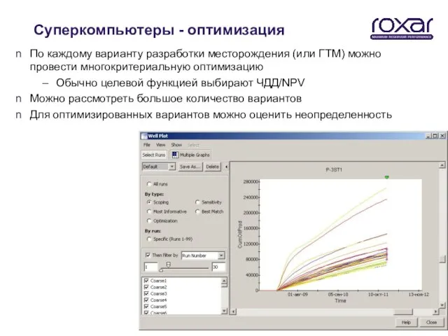 Суперкомпьютеры - оптимизация По каждому варианту разработки месторождения (или ГТМ) можно провести