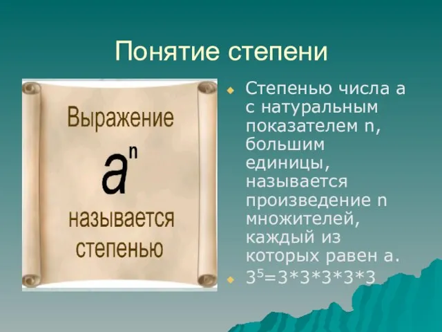 Понятие степени Степенью числа а с натуральным показателем n, большим единицы, называется