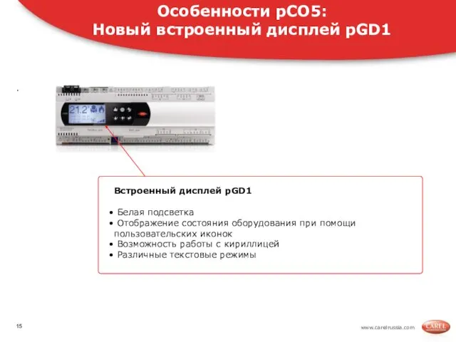 www.carelrussia.com . Встроенный дисплей pGD1 Белая подсветка Отображение состояния оборудования при помощи