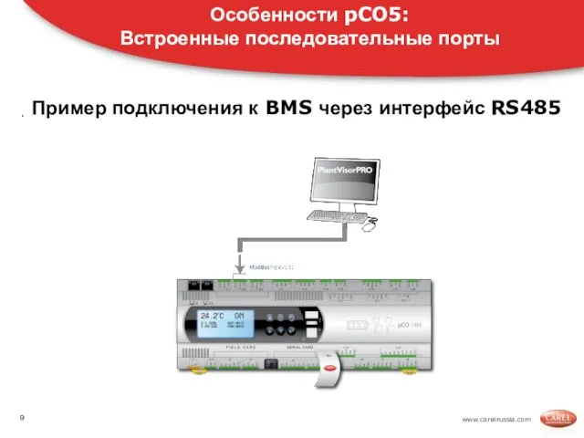 www.carelrussia.com . Пример подключения к BMS через интерфейс RS485 Особенности pCO5: Встроенные последовательные порты