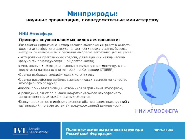 Минприроды: научные организации, подведомственые министерству НИИ Атмосфера Примеры осуществляемых видов деятельности: Разработка