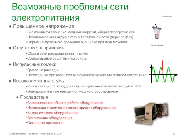 Повышенное напряжение Включение/отключение мощной нагрузки, общая перегрузка сети Неравномерная нагрузка фаз в