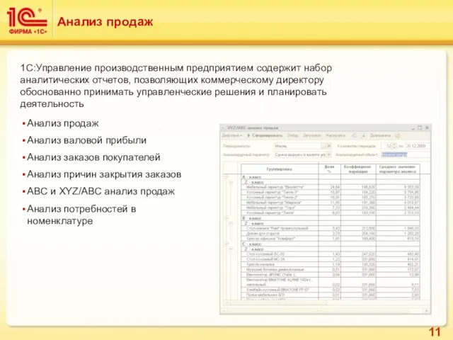 Анализ продаж 1С:Управление производственным предприятием содержит набор аналитических отчетов, позволяющих коммерческому директору