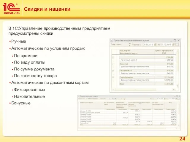 Скидки и наценки В 1С:Управление производственным предприятием предусмотрены скидки Ручные Автоматические по