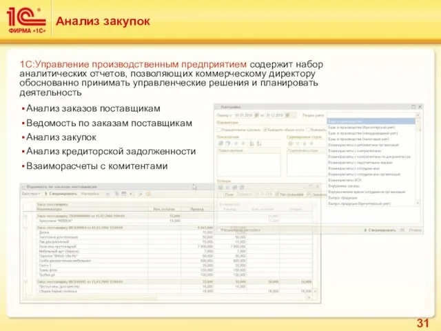 Анализ закупок 1С:Управление производственным предприятием содержит набор аналитических отчетов, позволяющих коммерческому директору