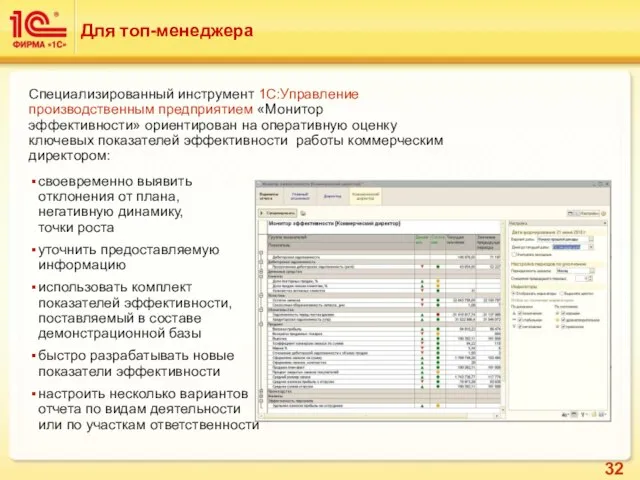 Для топ-менеджера Специализированный инструмент 1С:Управление производственным предприятием «Монитор эффективности» ориентирован на оперативную