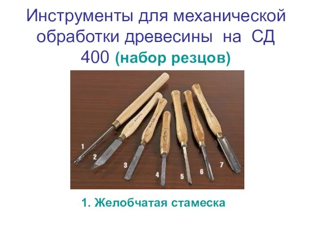 Инструменты для механической обработки древесины на СД 400 (набор резцов) 1. Желобчатая стамеска