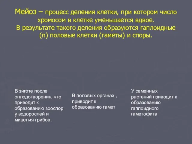 Мейоз – процесс деления клетки, при котором число хромосом в клетке уменьшается