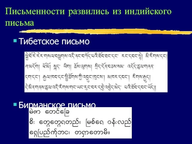 Письменности развились из индийского письма Тибетское письмо Бирманское письмо