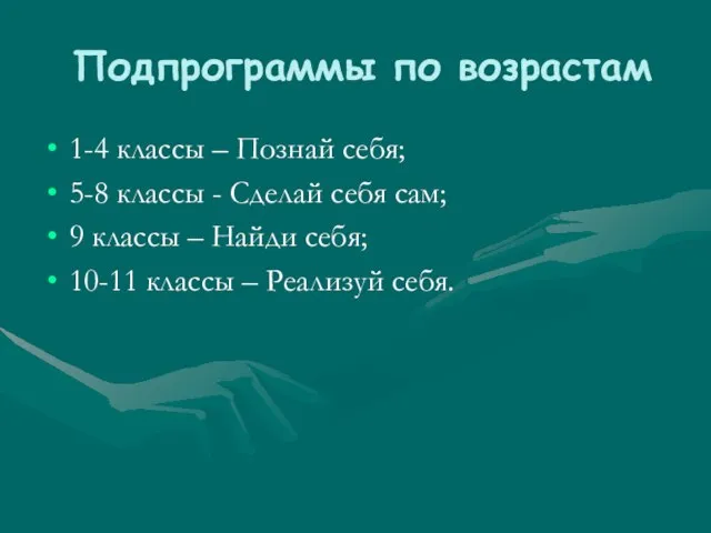 Подпрограммы по возрастам 1-4 классы – Познай себя; 5-8 классы - Сделай